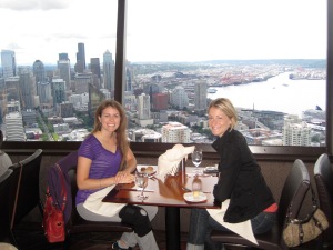My friend Jen and I having brunch in the Space Needle with 360-degree views of Seattle! Unbelievable.